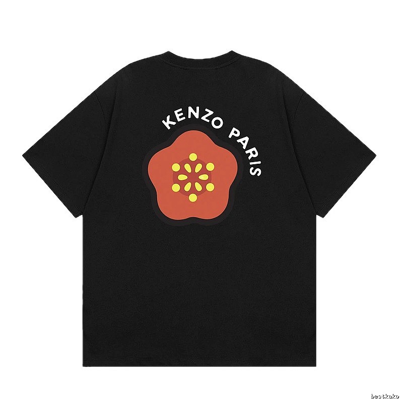 KENZO Begonia Print Trendy Style Black T-Shirt