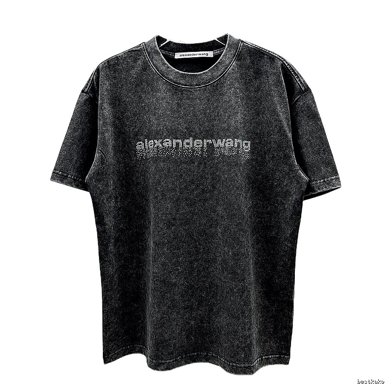 Alexander Wang Rhinestone-embellished Distressed Charcoal Black Short-sleeve T-shirt