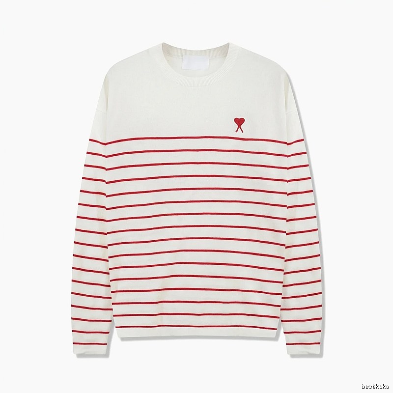 AMI Stripe Heart White Sweater