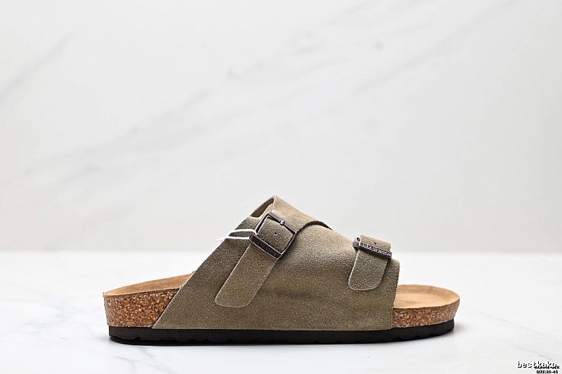 Birkenstock Vintage-Style Double-Buckle Khaki Cork Slide Sandals