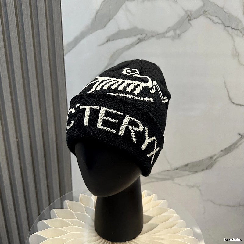 Black White Ribbed Knit Beanie with Arc'teryx Lettering
