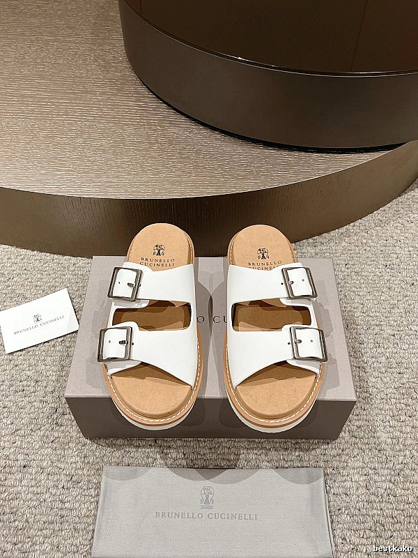 Brunello Cucinelli Double-Button Minimalist-Style White Slide Sandals