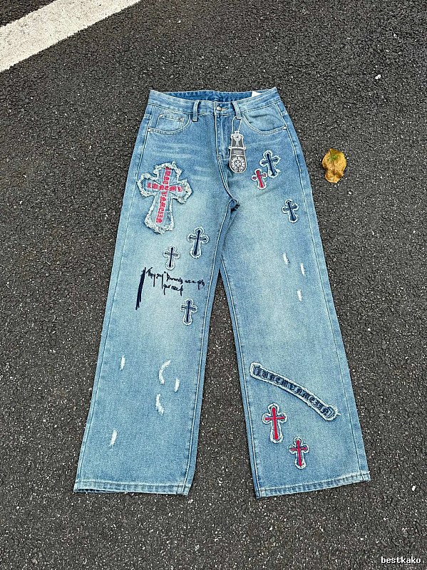 Casual Chrome Hearts Cross Graphic Jeans - Light Blue