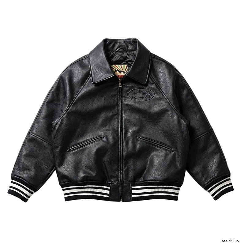 Corteiz baseball-style black leather jacket