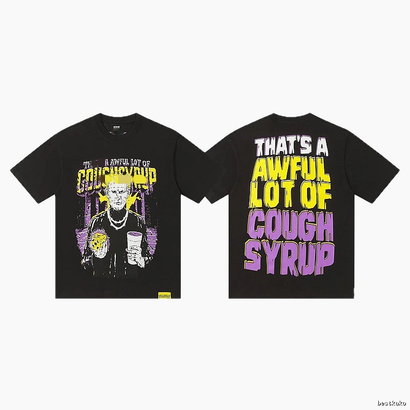 COUGH SYRUP Portrait Print Street Style Black T-shirt