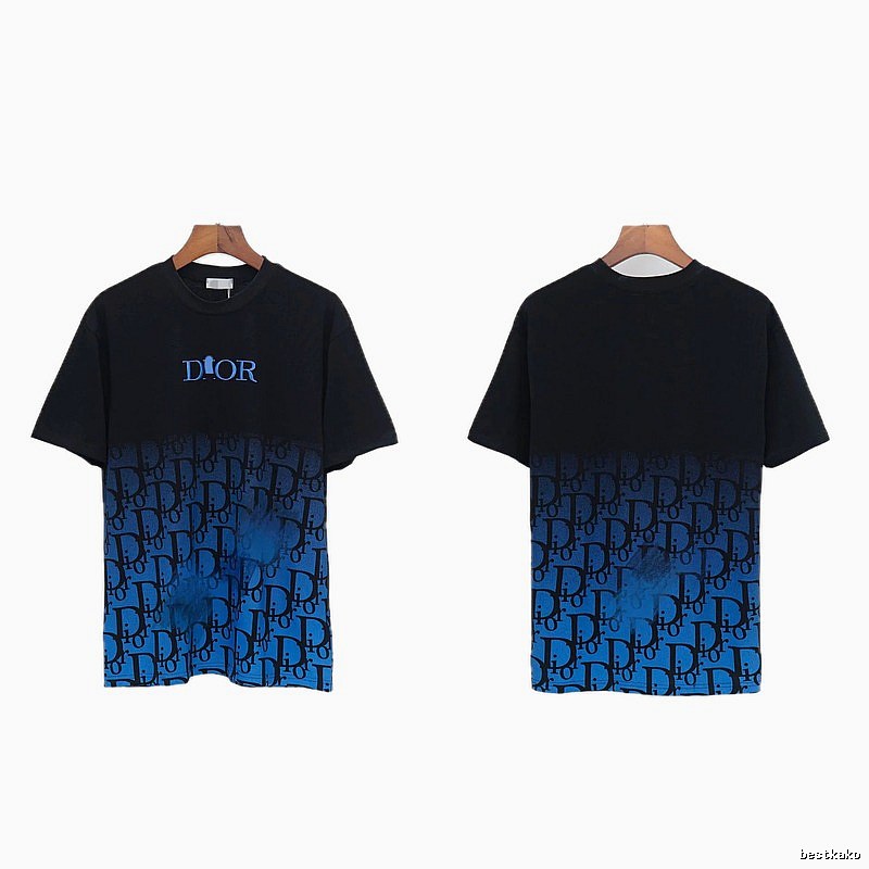 Dior Classic Monogram Trendy Style Black-Blue Gradient T-Shirt