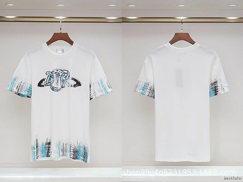 Dior Graffiti Collection Street Style White and Blue Short-sleeve T-shirt