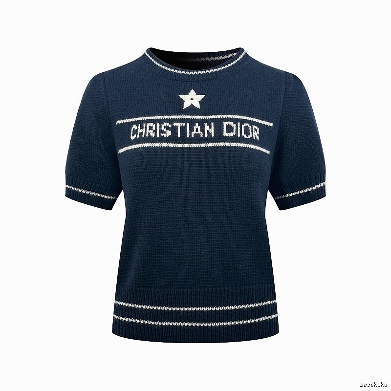 Dior Short Sleeve Knit Sweater with Cream Trim and Star Detail