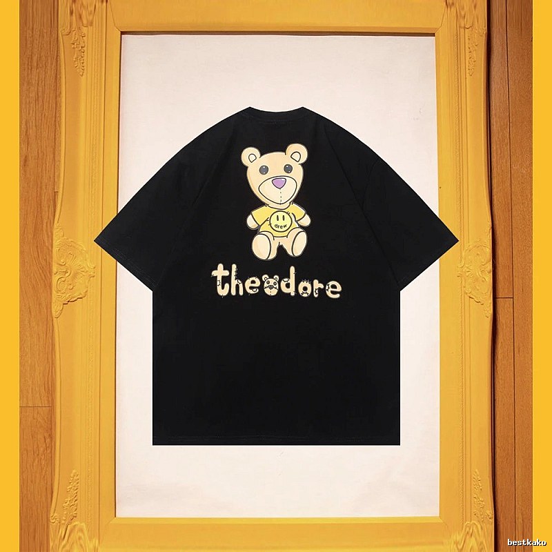 DREW Bear Print Streetwear Brand Black Short Sleeve T-shirt