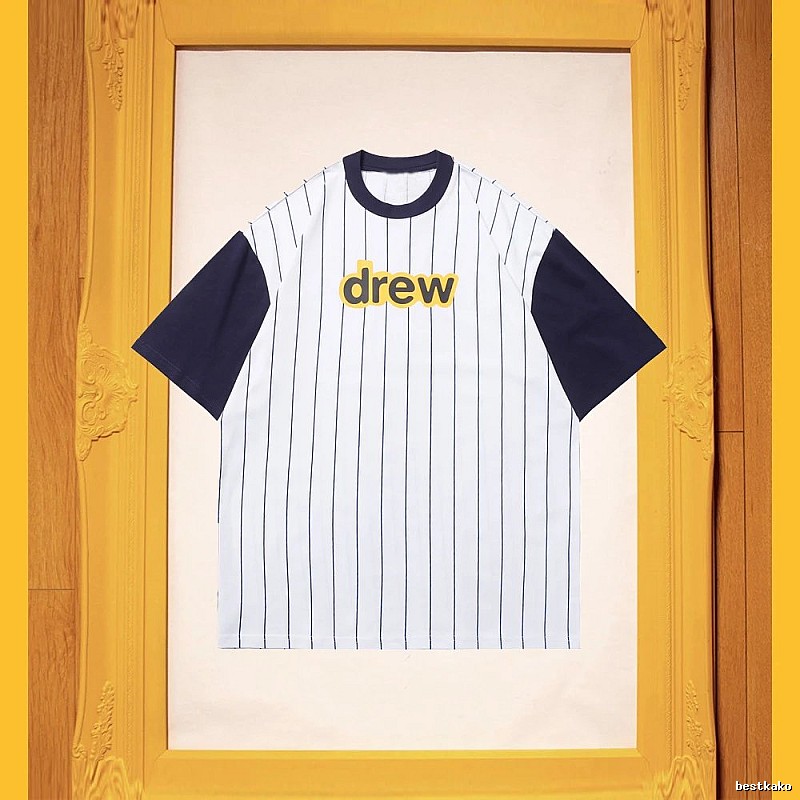 DREW Letter Print Street Style White and Navy Blue Short Sleeve T-Shirt
