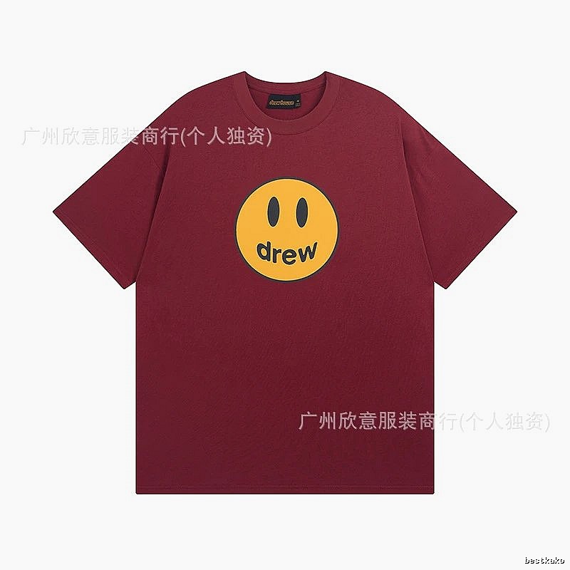 DREW Smiley Face Streetwear Style Burgundy Short Sleeve T-Shirt