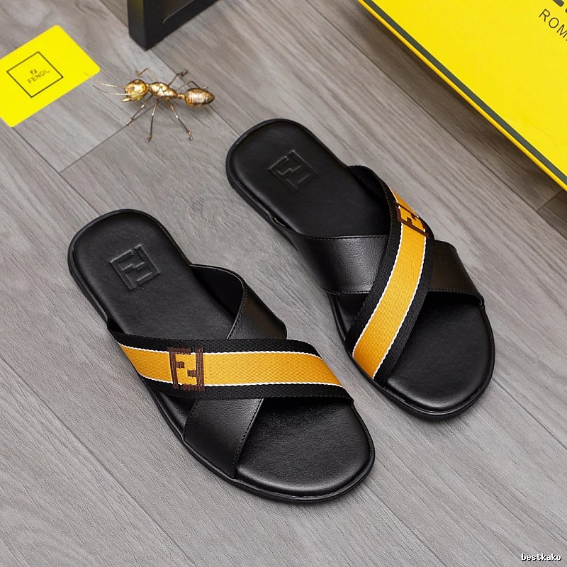 Fendi Double F Series Light Luxury Style Black and Yellow Slippers