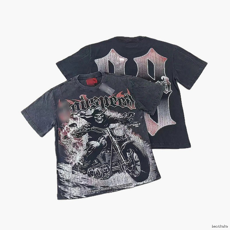 Godspeed Motorcycle Series Dark Style Washed Black Short Sleeve T-shirt