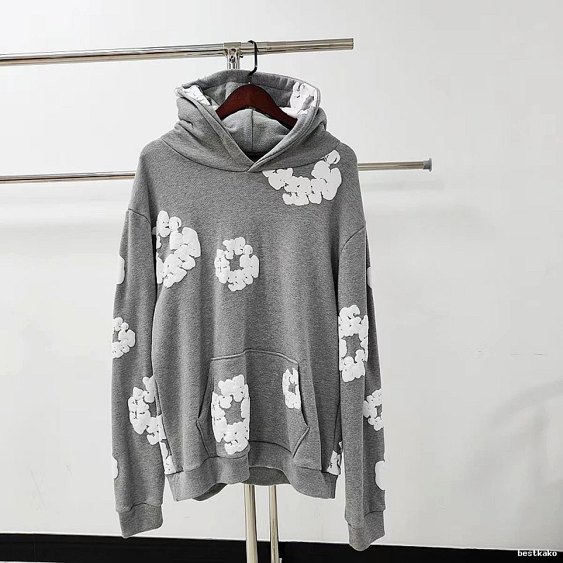 Grey White Floral Pullover Hoodie