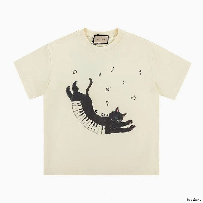 Gucci Artistic Style Cat Print Off-white Short-sleeve T-shirt