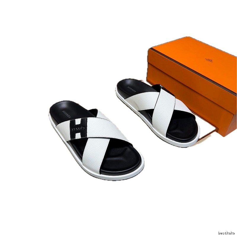 Hermès Crisscross Minimalist Style Black and White Slide Sandals