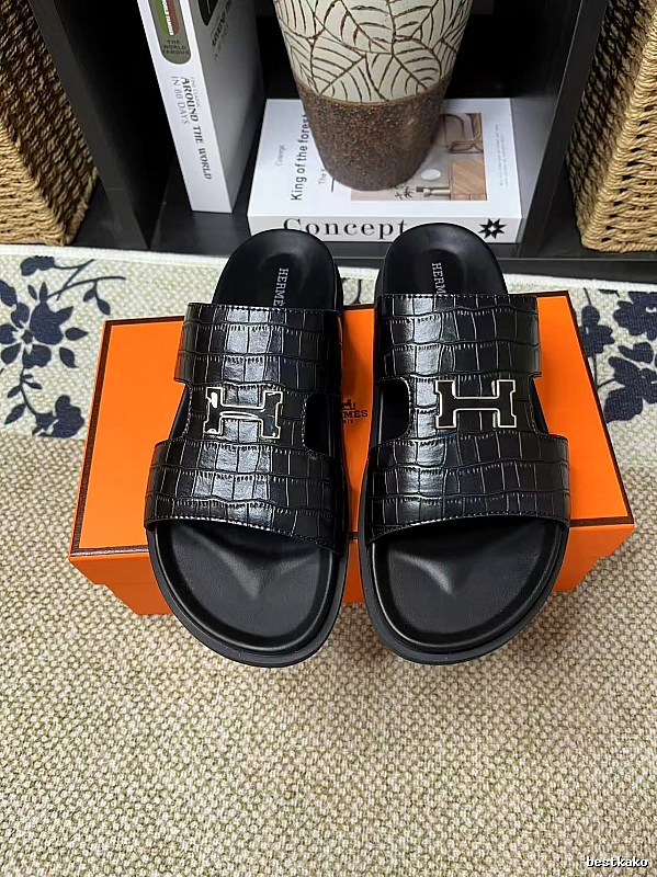 Hermès H-buckle Crocodile Pattern Light Luxury Style Black Slippers