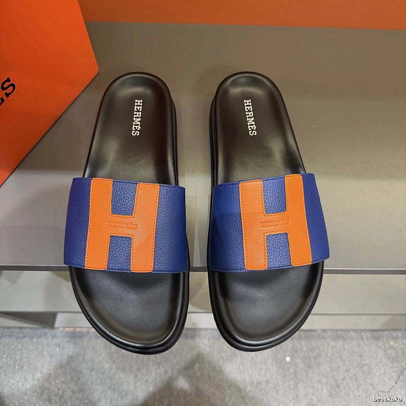 Hermès H Series Minimalist Style Blue and Orange Colorblock Slide Sandals