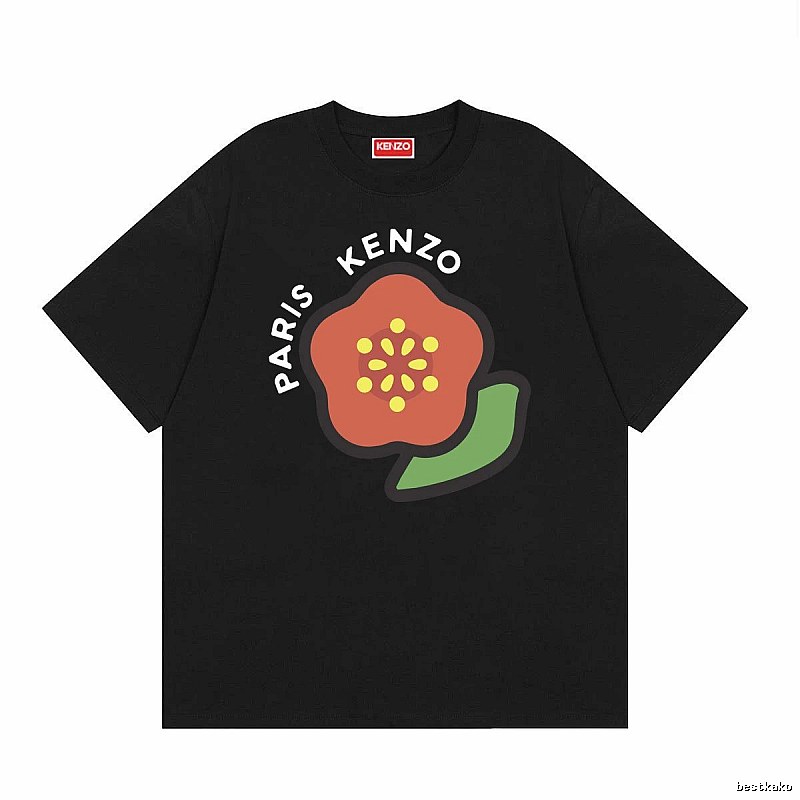 KENZO Begonia Flower Trendy Style Black T-shirt