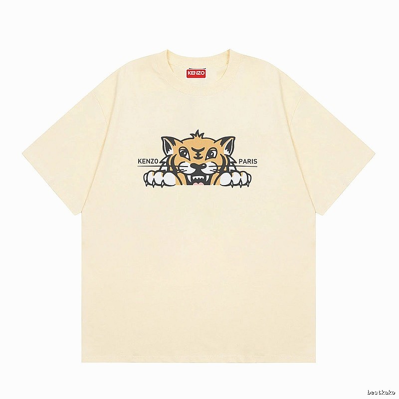 KENZO Tiger Head Print Streetwear Style Beige Short Sleeve T-Shirt