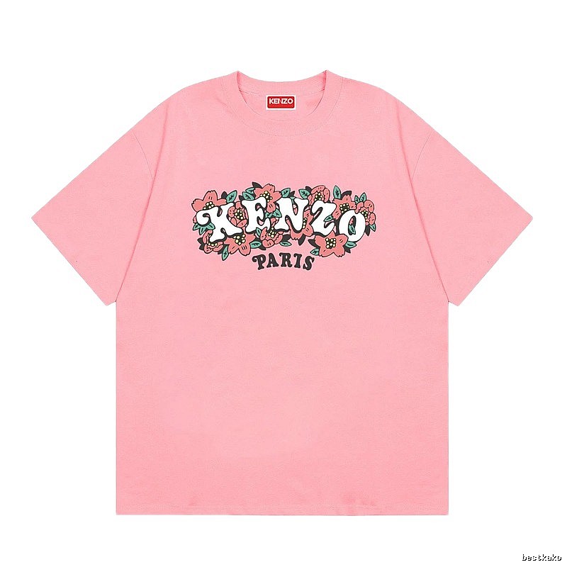 KENZO Trendy Pink Floral Print Short Sleeve T-shirt
