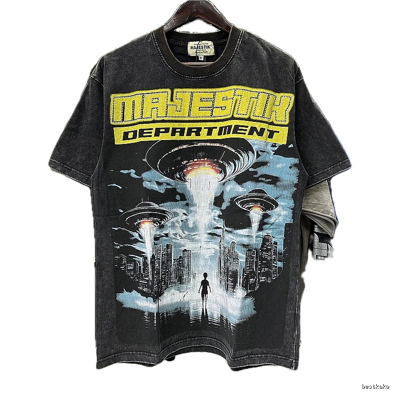 MAJESTIK Flying Saucer Print Vintage Washed Black T-Shirt