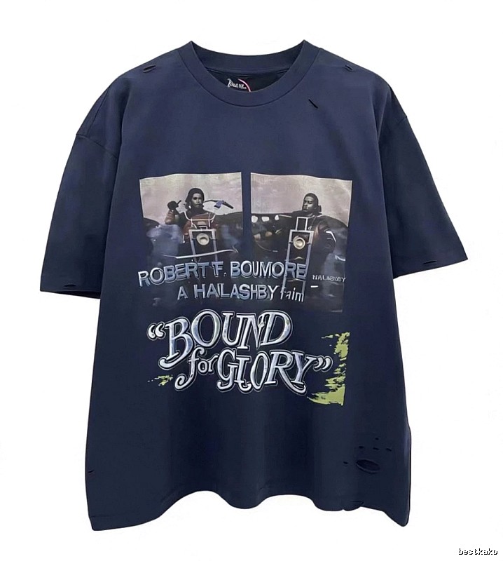 Paly Hollywood Printed Vintage Navy Blue Short Sleeve T-shirt