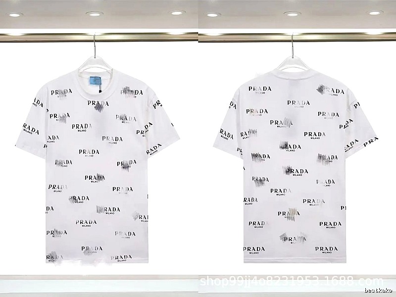 Prada All-over Print Streetwear Style White Short-sleeve T-Shirt