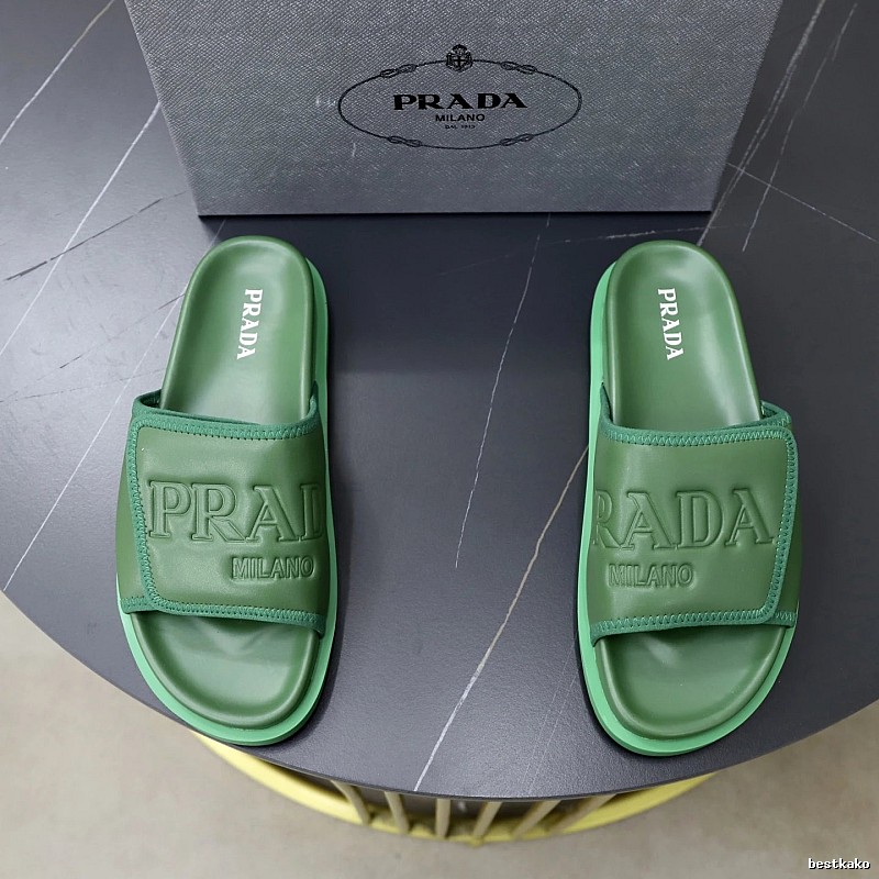 Prada Embossed Light Luxury Style Green Slide Sandals