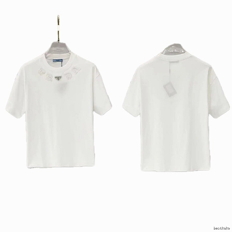 Prada Embroidered Minimalist Style White Short-sleeved T-shirt