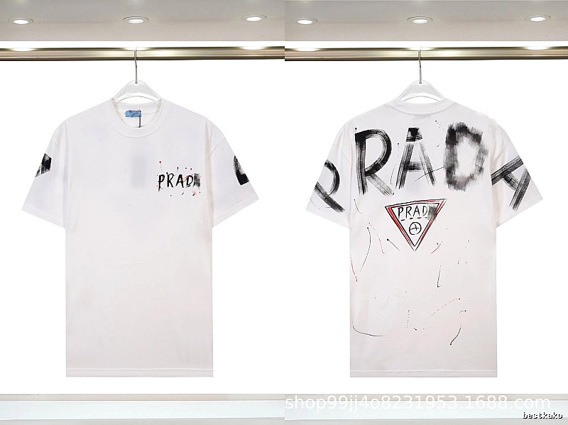 Prada Triangle Logo Graffiti Street Style White Short-sleeve T-shirt