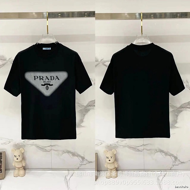 Prada Triangle Logo Trendy Style Black Short-sleeve T-shirt
