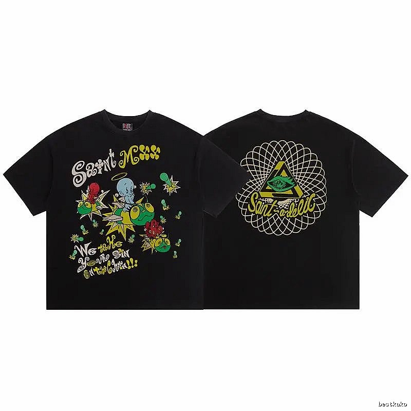 SAINT Cartoon Graffiti Street Style Black T-Shirt