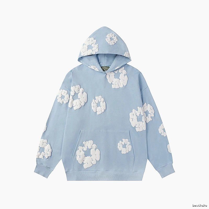 Sky Blue Flower Print Pullover Hoodie