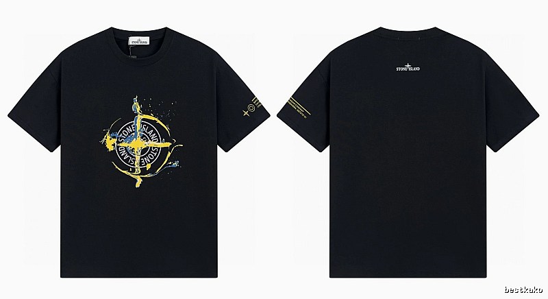 Stone Island Ink-splattered Street Style Black Short-sleeve T-shirt