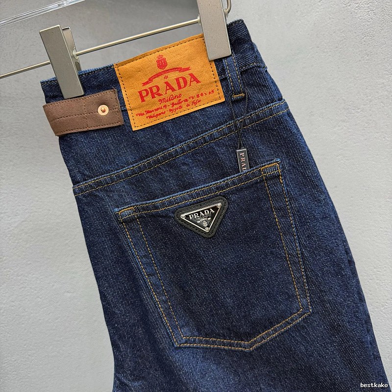 Streetwear Prada Logo Jeans with triangle branding and a statement leather back patch
