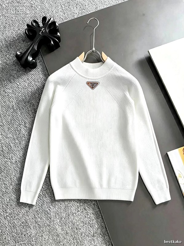 White Crewneck Knit Sweater with Prada Crewneck Sweater with Zip Detail